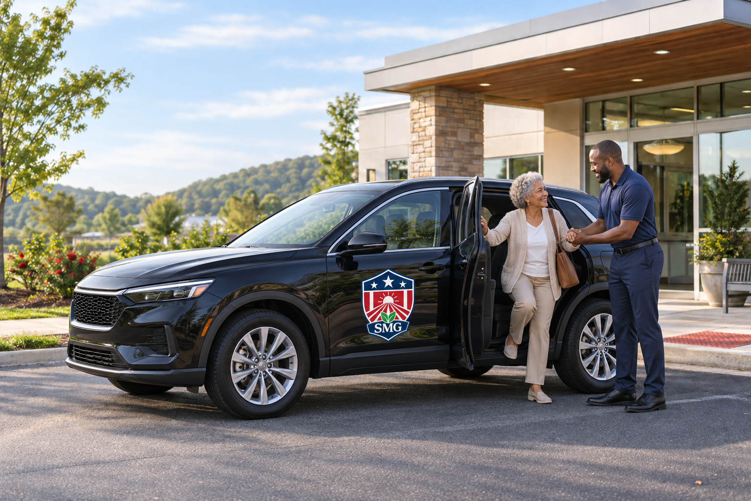 A professional Sovereign Mobility Group driver offering a hand as an ambulatory client exits an SMG-branded passenger SUV